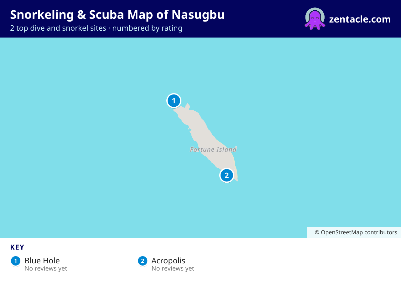 Snorkeling & Scuba Map of Nasugbu: numbered map of the top 2 dive and snorkel sites, with ratings