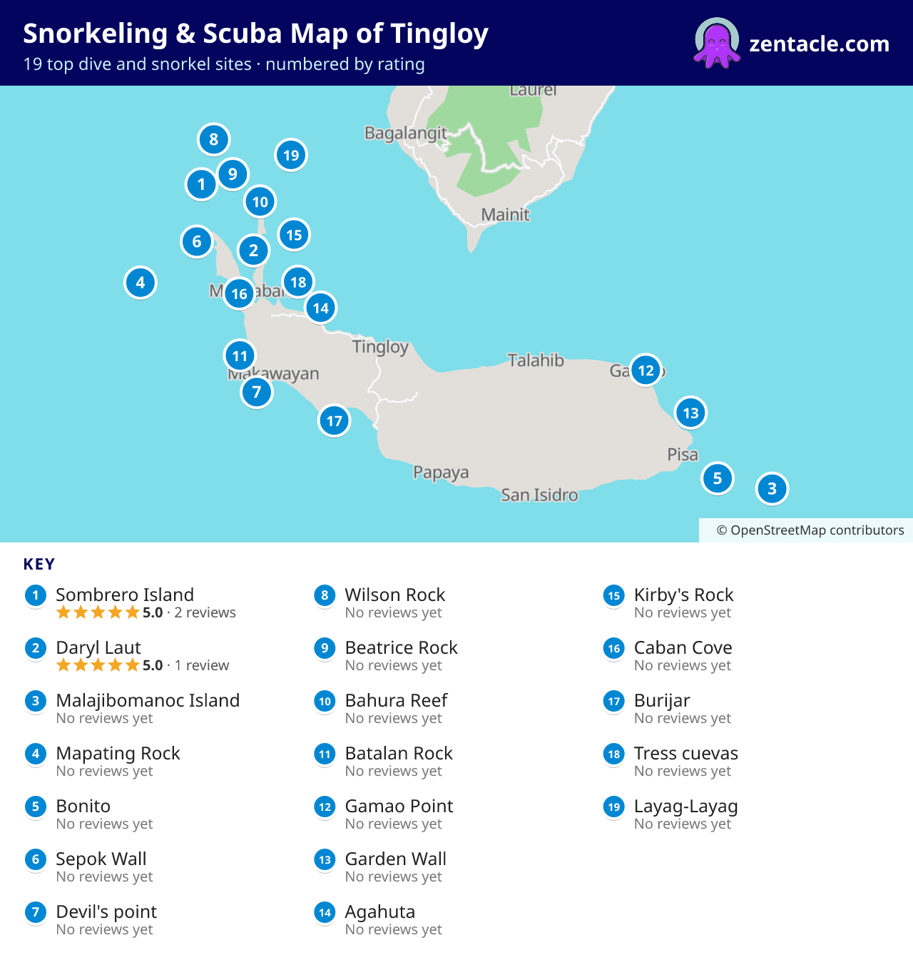 Snorkeling & Scuba Map of Tingloy: numbered map of the top 19 dive and snorkel sites, with ratings