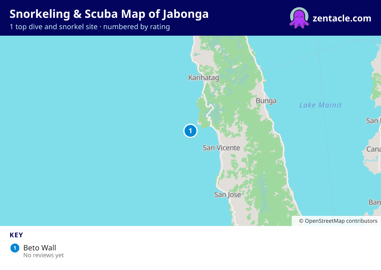 Snorkeling & Scuba Map of Jabonga: numbered map of the top 1 dive and snorkel sites, with ratings