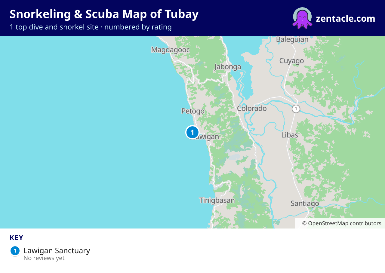 Snorkeling & Scuba Map of Tubay: numbered map of the top 1 dive and snorkel sites, with ratings