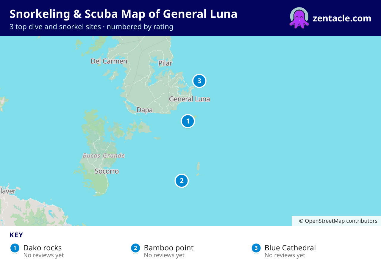 Snorkeling & Scuba Map of General Luna: numbered map of the top 3 dive and snorkel sites, with ratings
