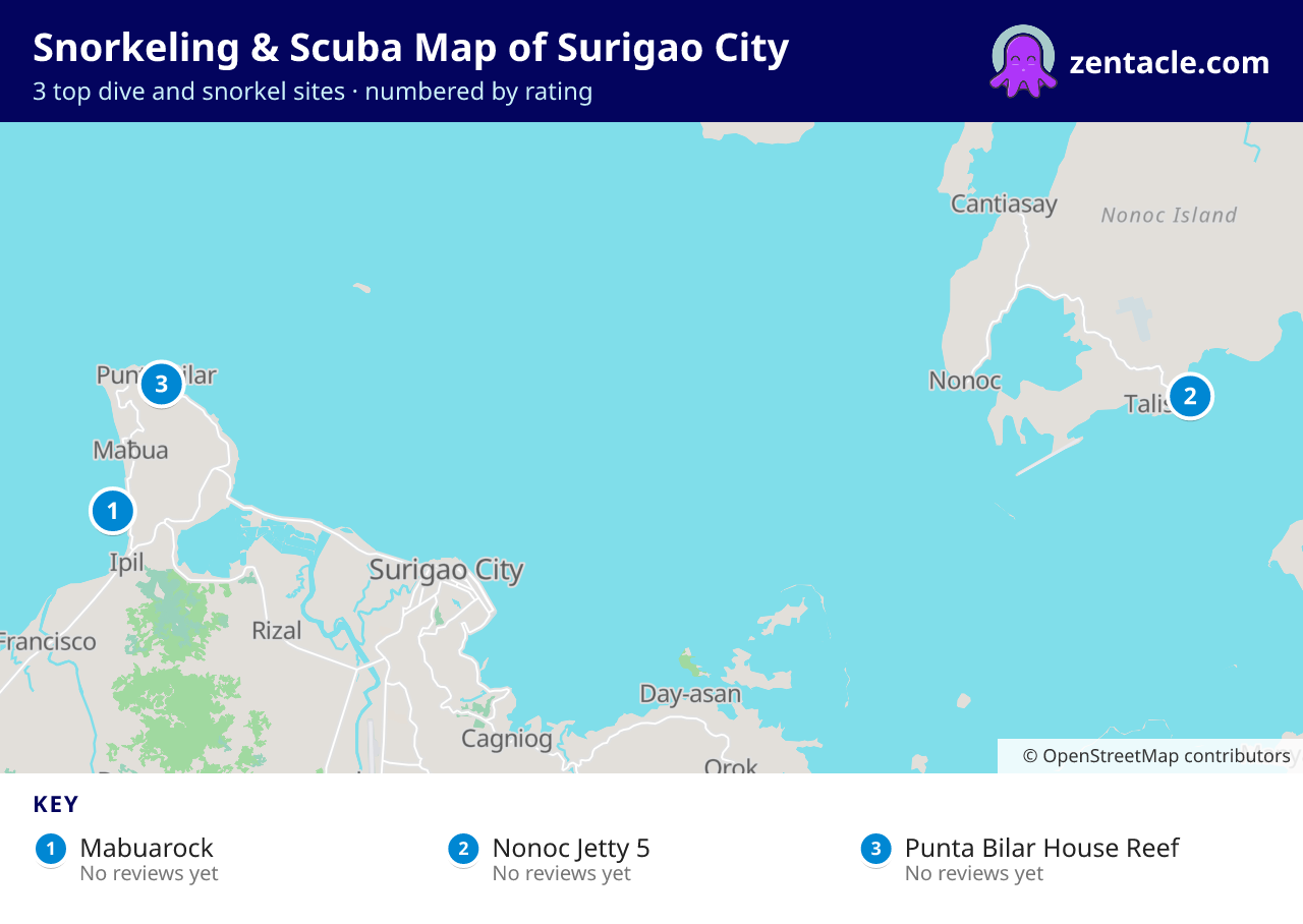 Snorkeling & Scuba Map of Surigao City: numbered map of the top 3 dive and snorkel sites, with ratings