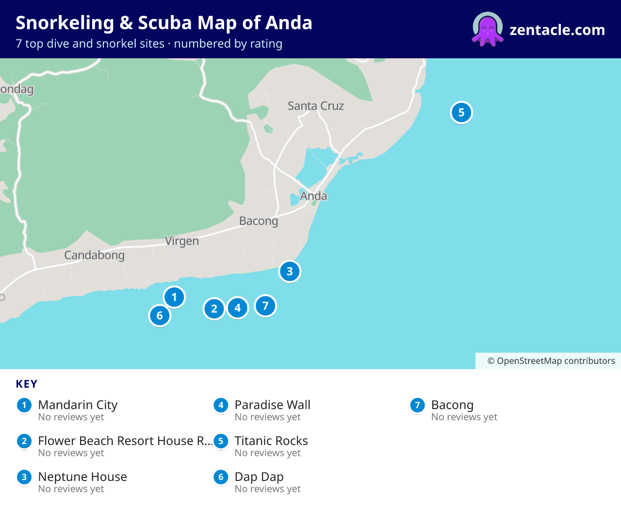 Snorkeling & Scuba Map of Anda: numbered map of the top 7 dive and snorkel sites, with ratings