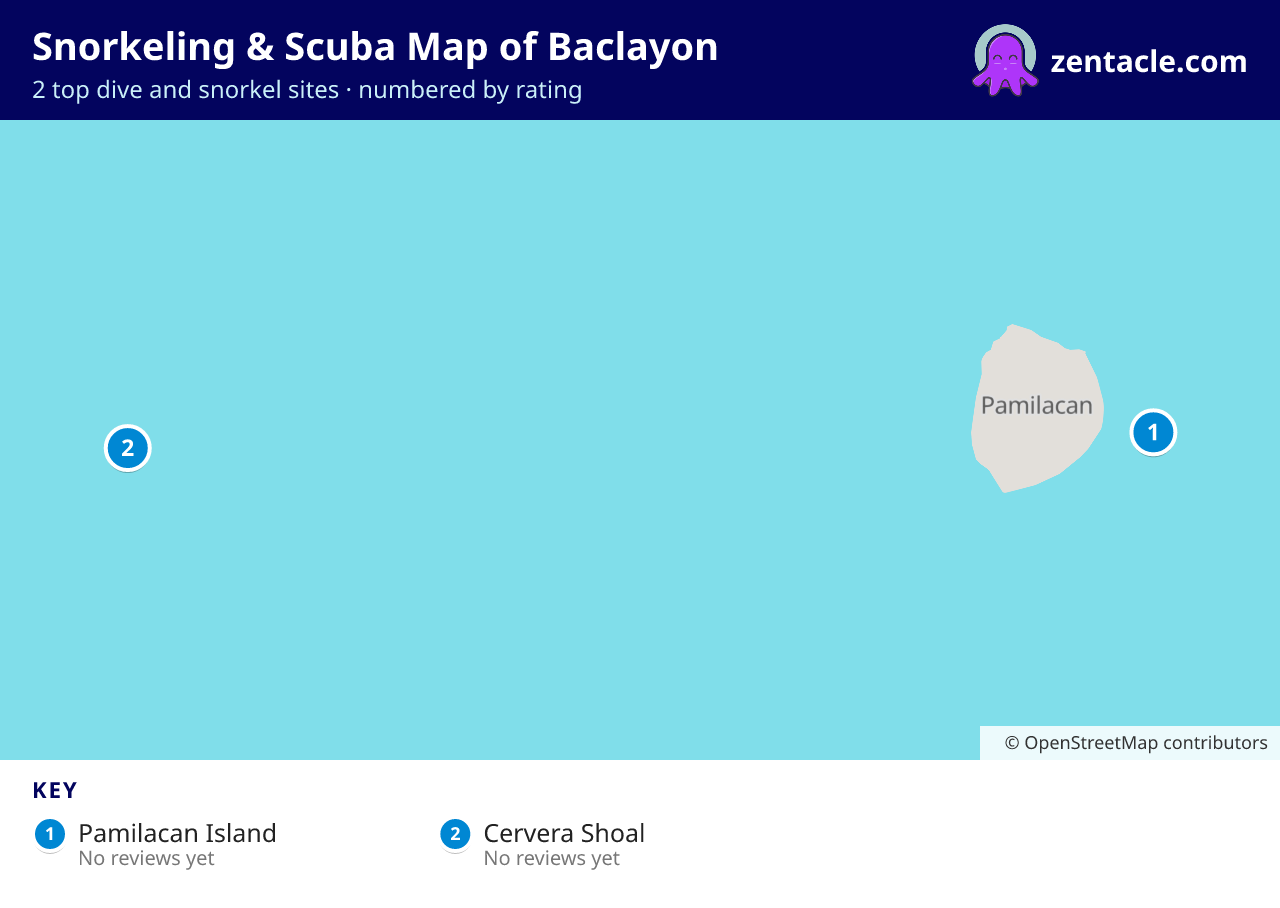 Snorkeling & Scuba Map of Baclayon: numbered map of the top 2 dive and snorkel sites, with ratings