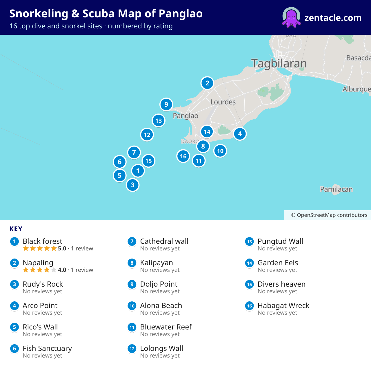 Snorkeling & Scuba Map of Panglao: numbered map of the top 16 dive and snorkel sites, with ratings