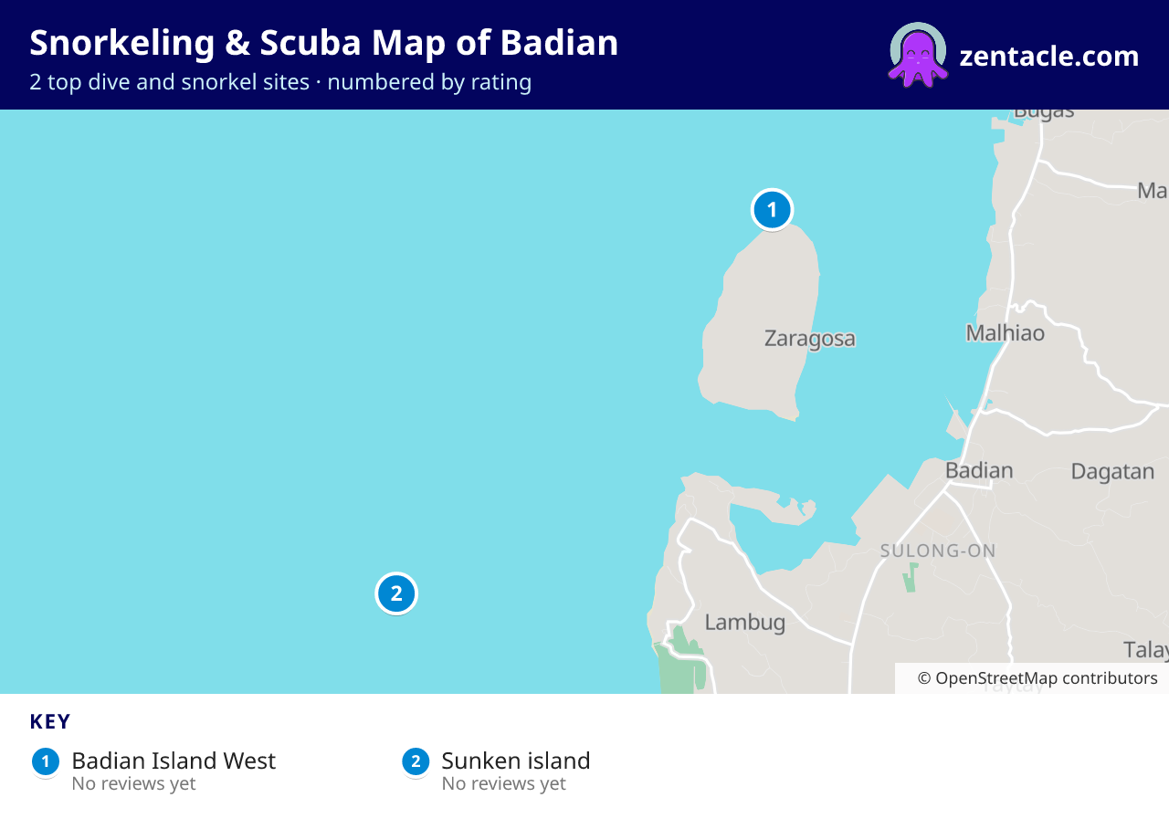 Snorkeling & Scuba Map of Badian: numbered map of the top 2 dive and snorkel sites, with ratings