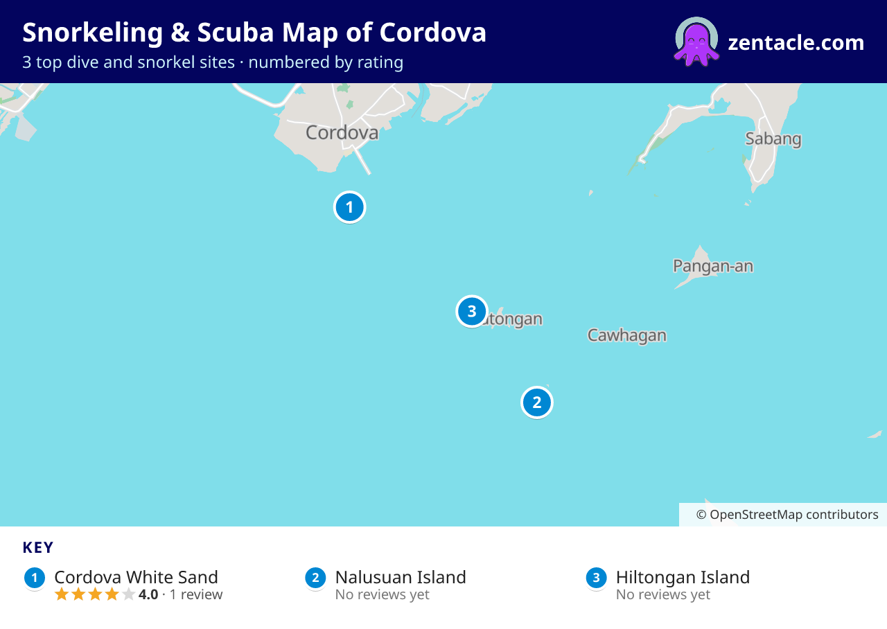 Snorkeling & Scuba Map of Cordova: numbered map of the top 3 dive and snorkel sites, with ratings