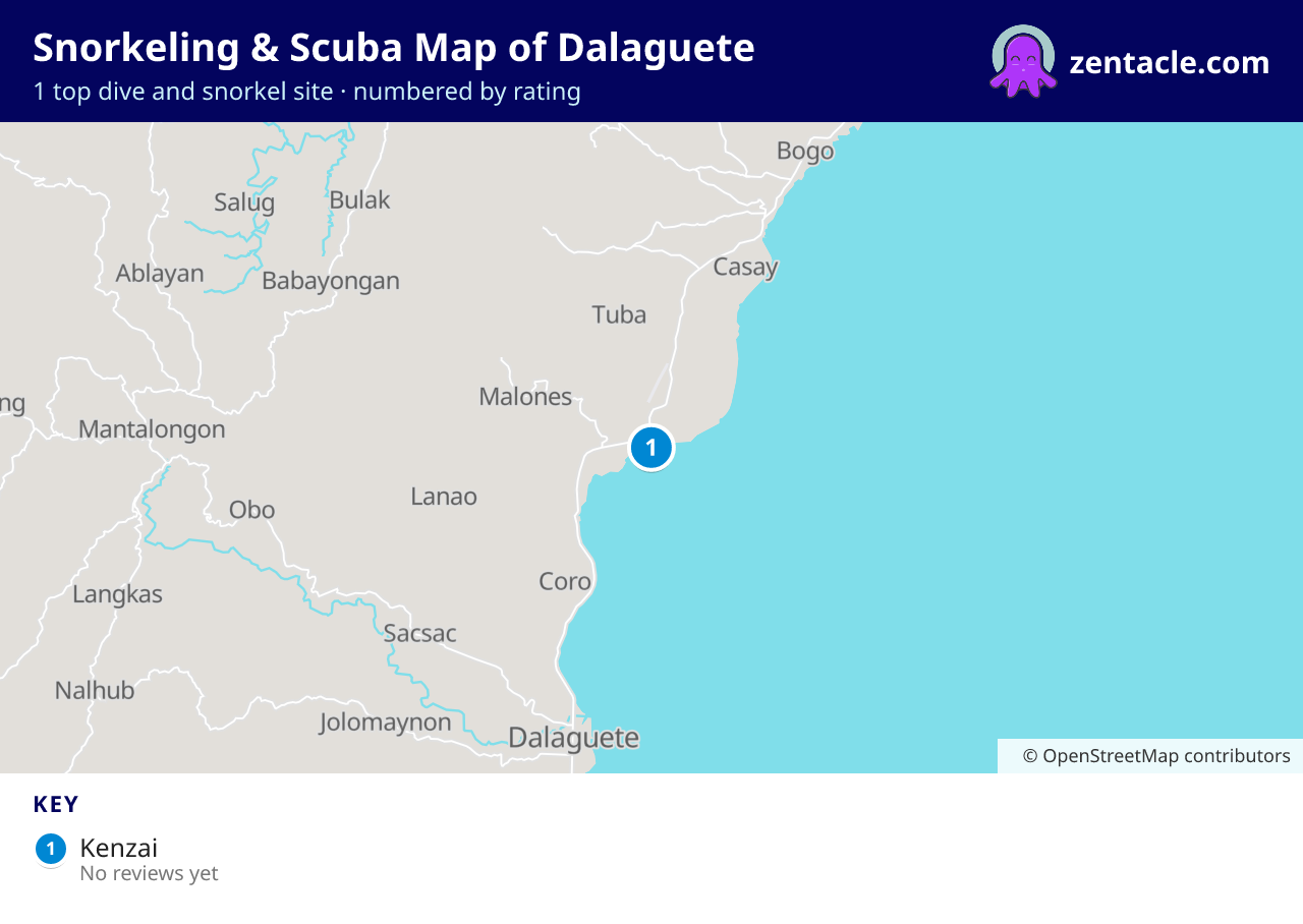 Snorkeling & Scuba Map of Dalaguete: numbered map of the top 1 dive and snorkel sites, with ratings