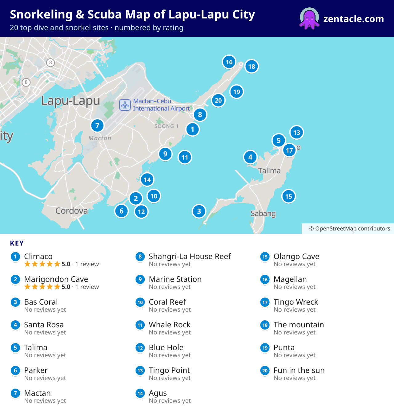 Snorkeling & Scuba Map of Lapu-Lapu City: numbered map of the top 20 dive and snorkel sites, with ratings