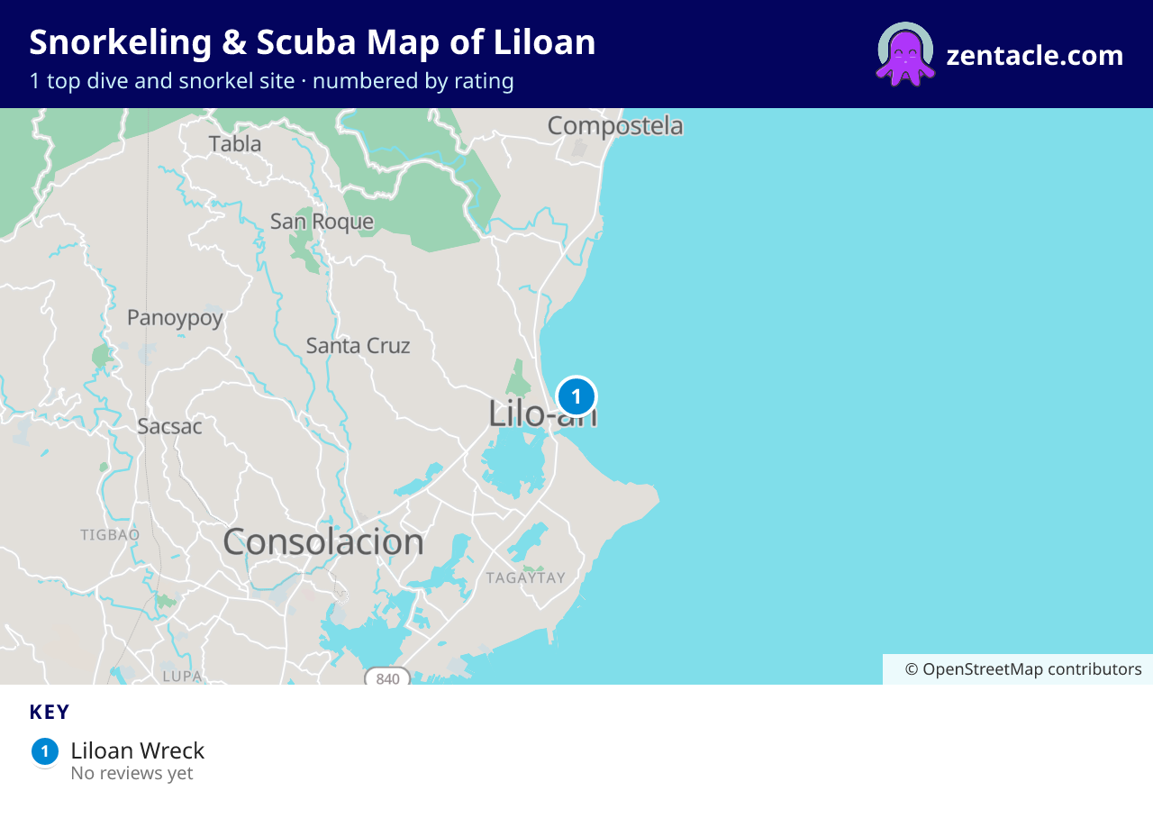 Snorkeling & Scuba Map of Liloan: numbered map of the top 1 dive and snorkel sites, with ratings