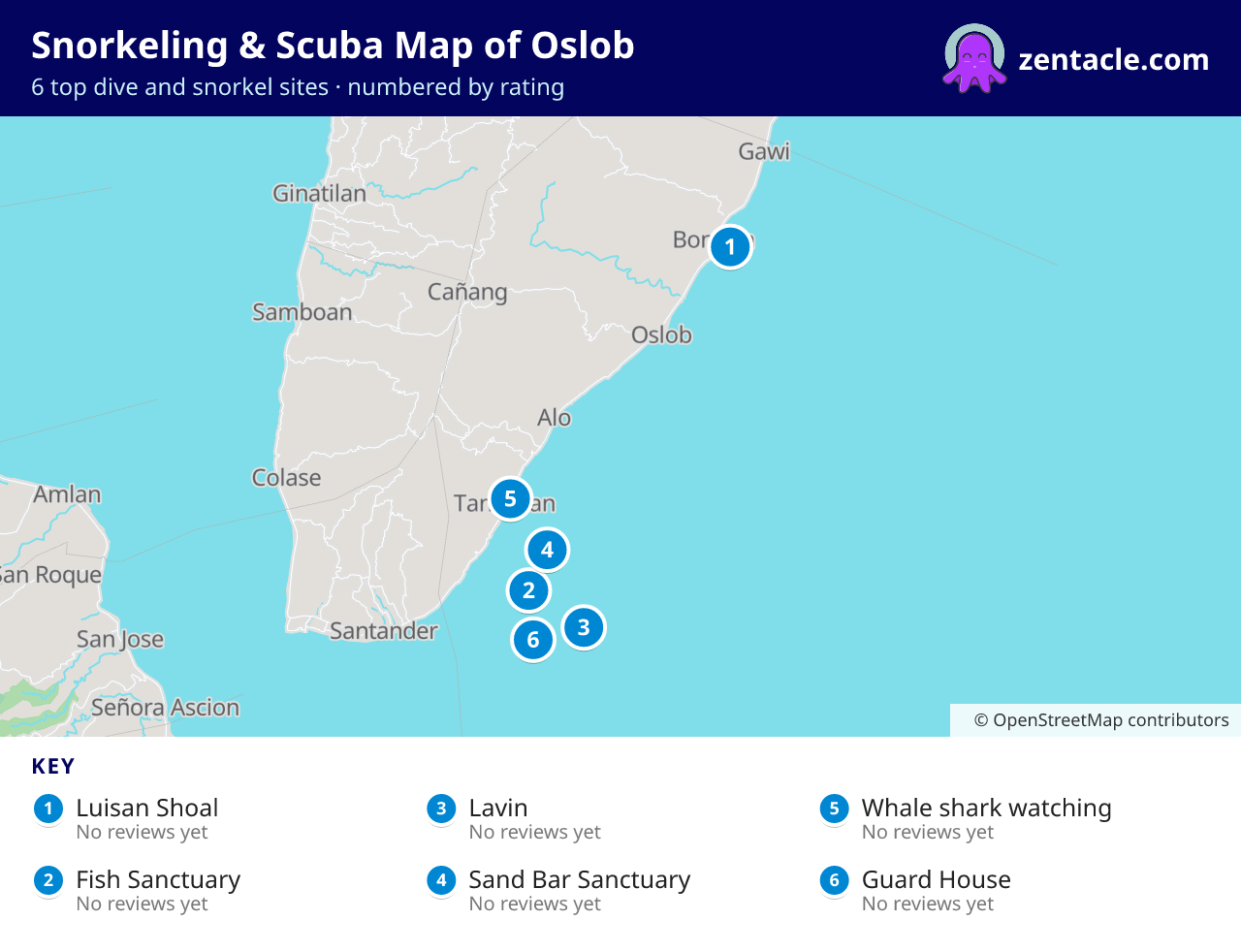 Snorkeling & Scuba Map of Oslob: numbered map of the top 6 dive and snorkel sites, with ratings