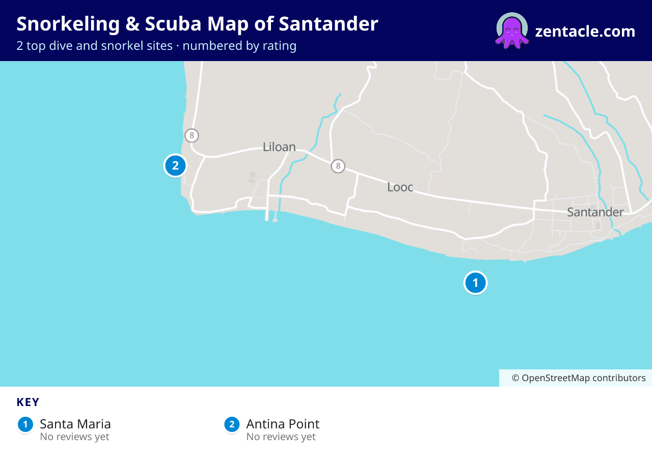 Snorkeling & Scuba Map of Santander: numbered map of the top 2 dive and snorkel sites, with ratings