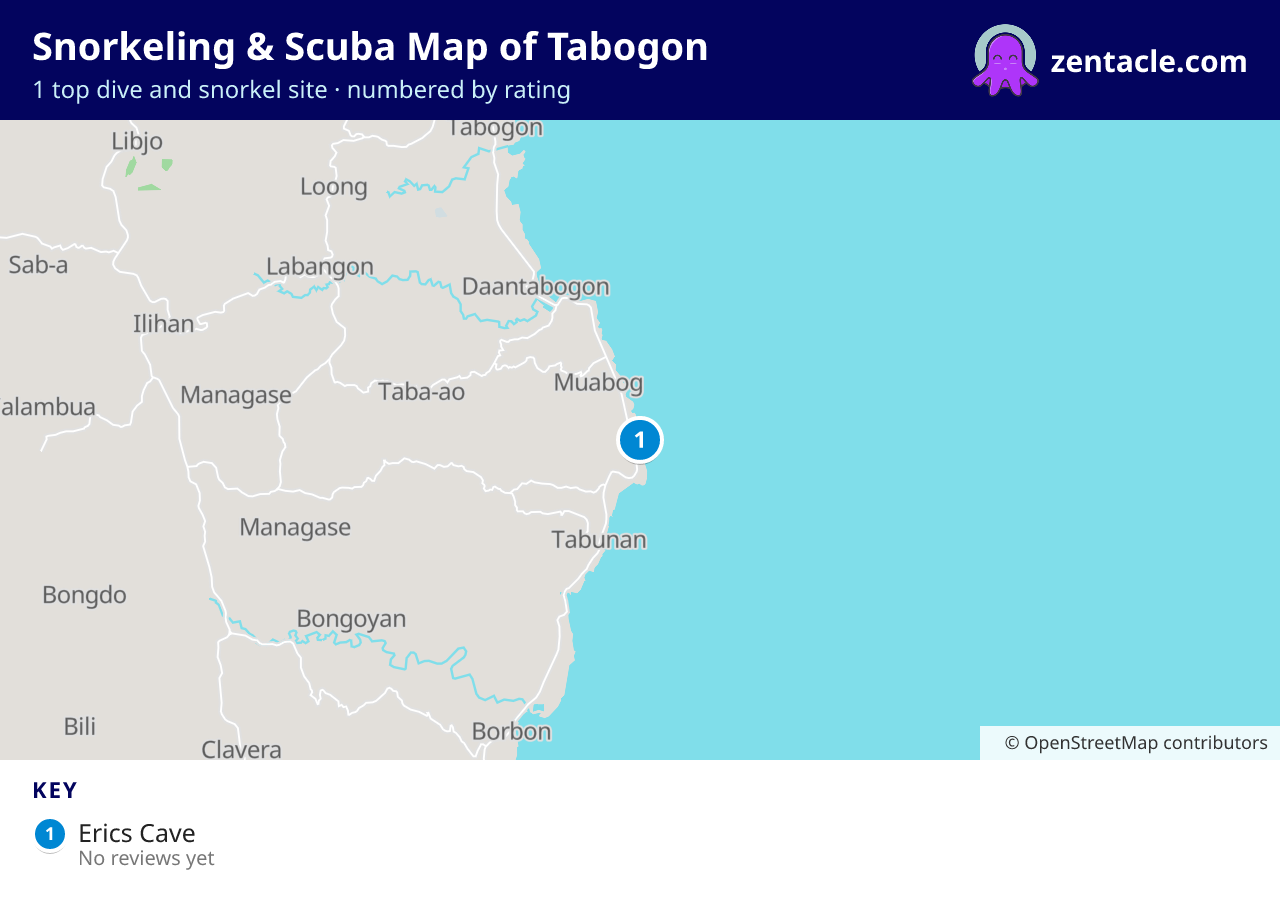 Snorkeling & Scuba Map of Tabogon: numbered map of the top 1 dive and snorkel sites, with ratings