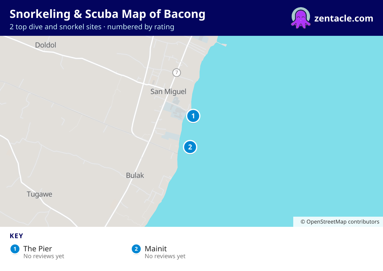 Snorkeling & Scuba Map of Bacong: numbered map of the top 2 dive and snorkel sites, with ratings