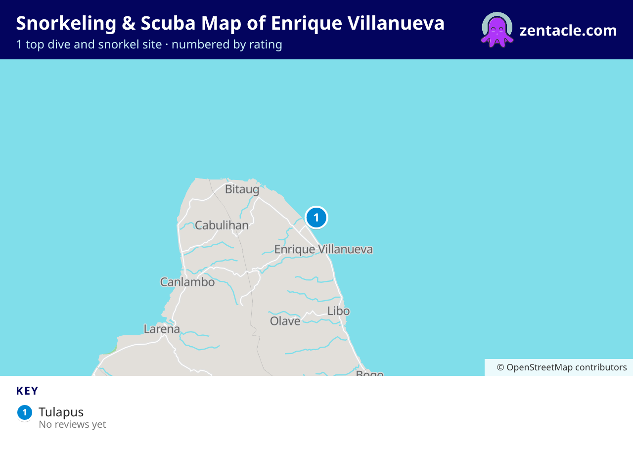Snorkeling & Scuba Map of Enrique Villanueva: numbered map of the top 1 dive and snorkel sites, with ratings