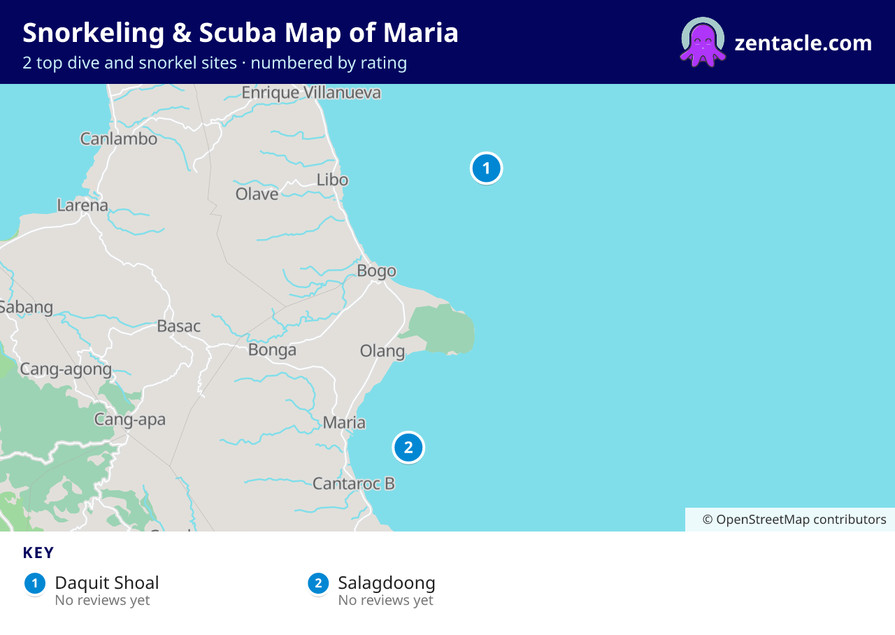 Snorkeling & Scuba Map of Maria: numbered map of the top 2 dive and snorkel sites, with ratings