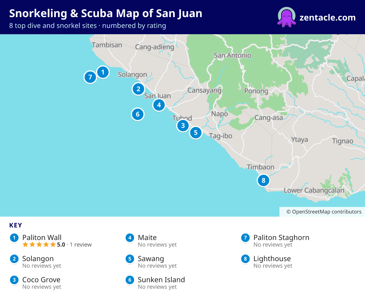 Snorkeling & Scuba Map of San Juan: numbered map of the top 8 dive and snorkel sites, with ratings