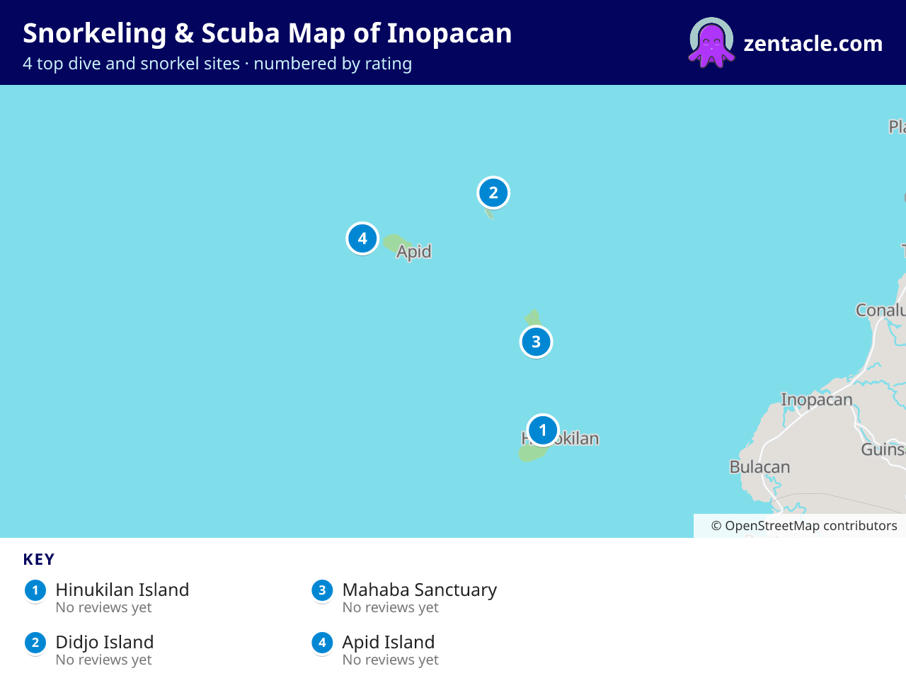 Snorkeling & Scuba Map of Inopacan: numbered map of the top 4 dive and snorkel sites, with ratings