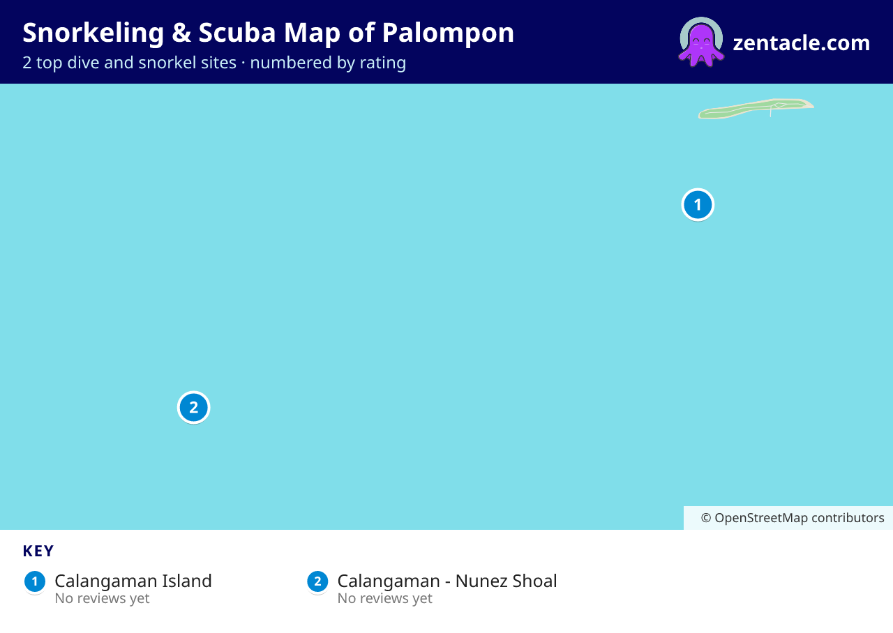 Snorkeling & Scuba Map of Palompon: numbered map of the top 2 dive and snorkel sites, with ratings