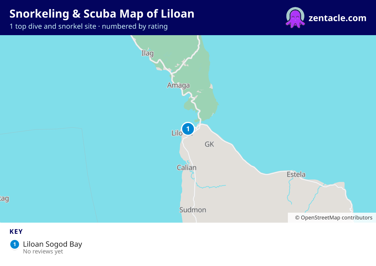 Snorkeling & Scuba Map of Liloan: numbered map of the top 1 dive and snorkel sites, with ratings