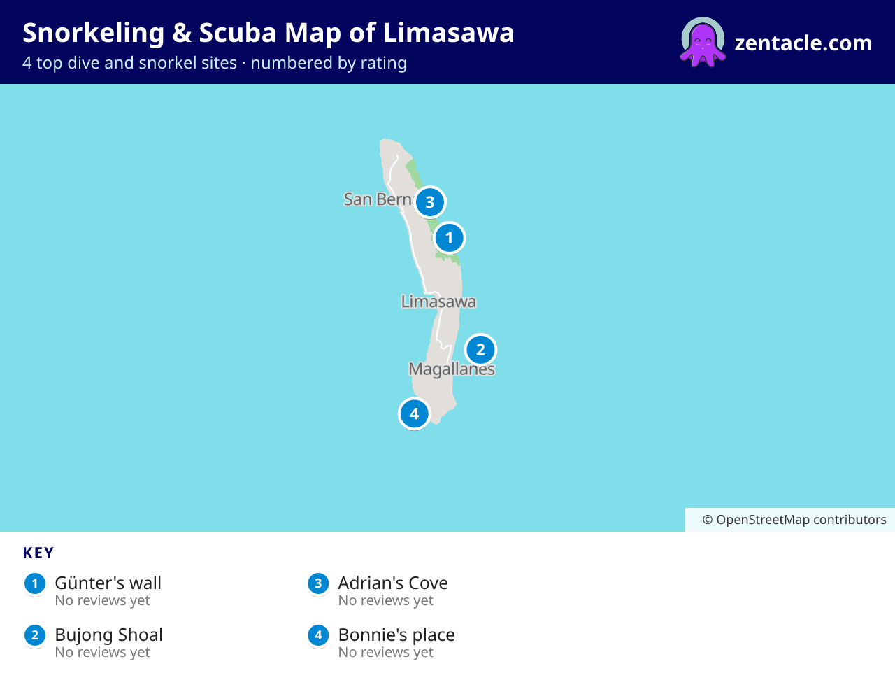 Snorkeling & Scuba Map of Limasawa: numbered map of the top 4 dive and snorkel sites, with ratings
