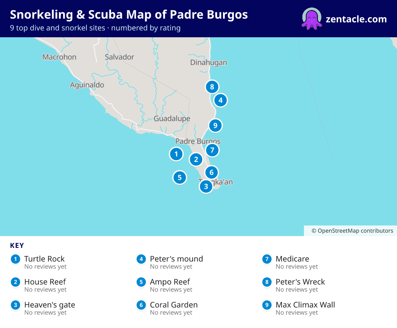 Snorkeling & Scuba Map of Padre Burgos: numbered map of the top 9 dive and snorkel sites, with ratings