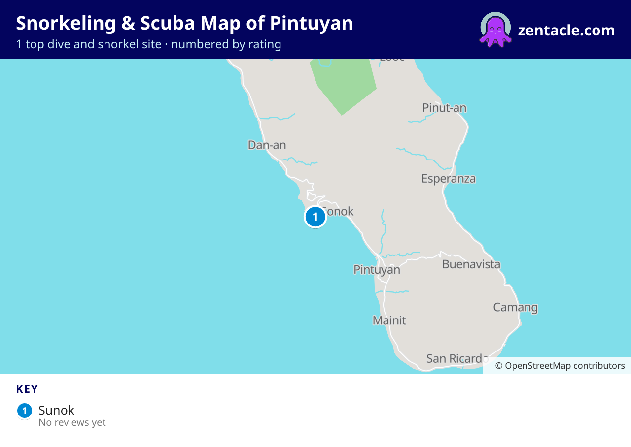 Snorkeling & Scuba Map of Pintuyan: numbered map of the top 1 dive and snorkel sites, with ratings