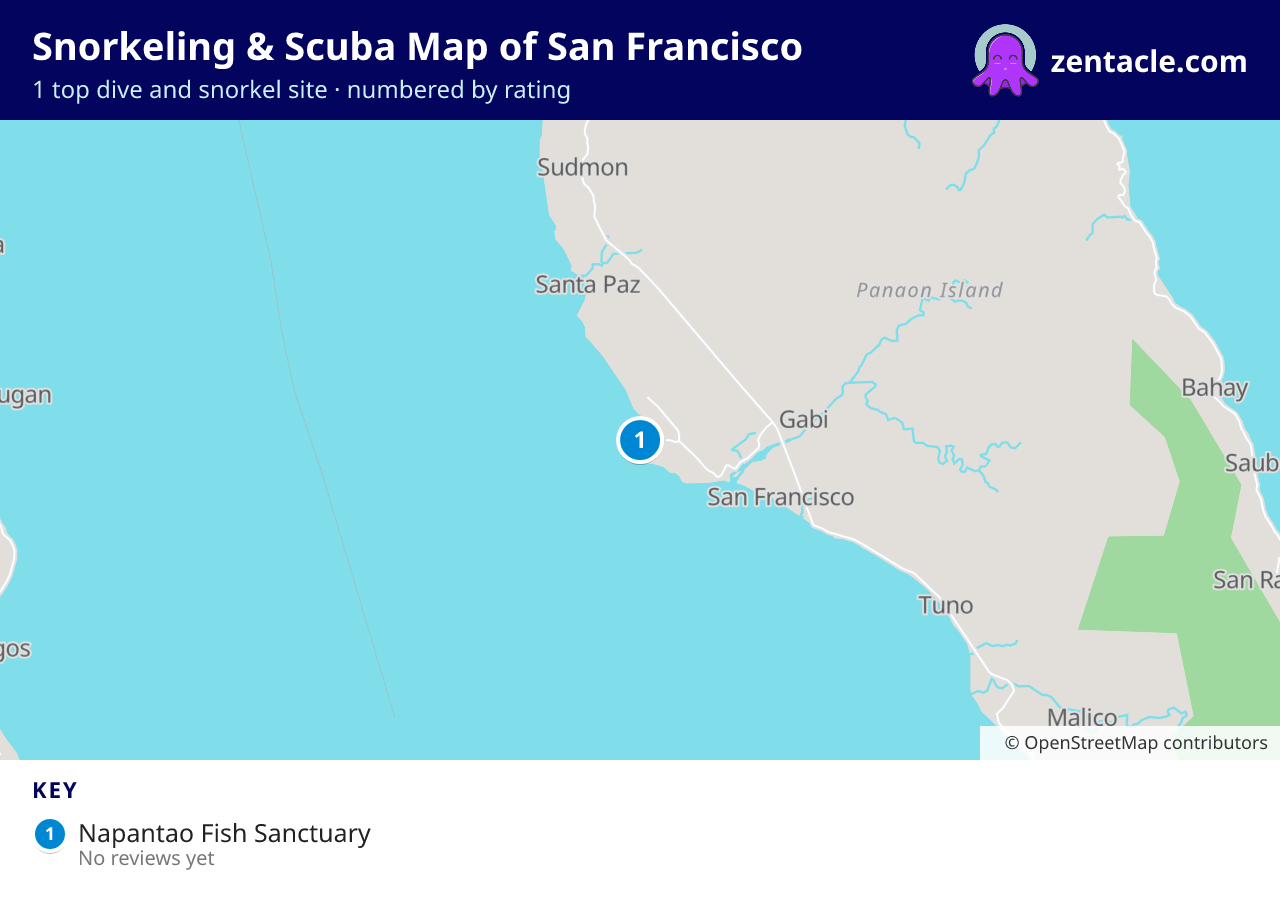 Snorkeling & Scuba Map of San Francisco: numbered map of the top 1 dive and snorkel sites, with ratings