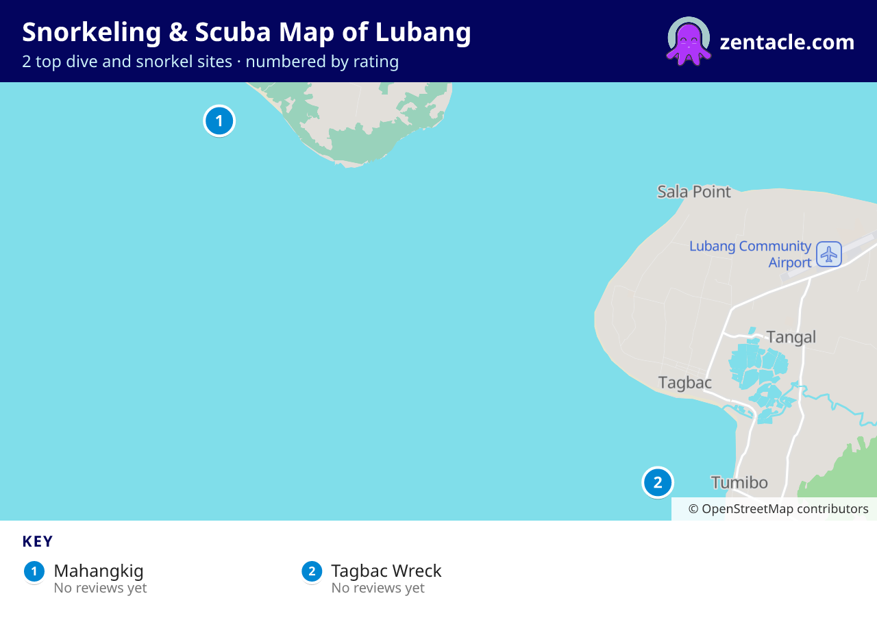 Snorkeling & Scuba Map of Lubang: numbered map of the top 2 dive and snorkel sites, with ratings