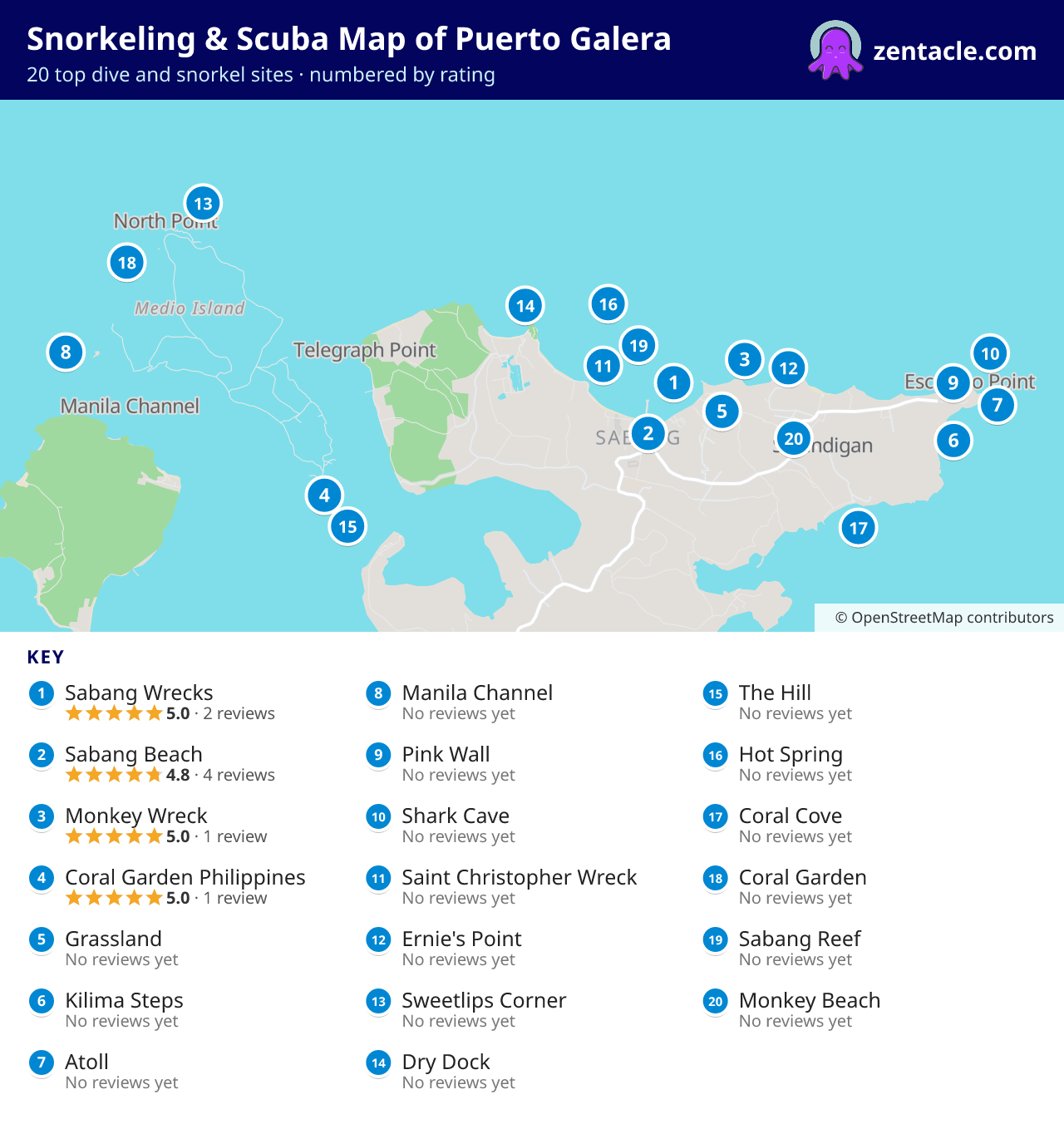 Snorkeling & Scuba Map of Puerto Galera: numbered map of the top 20 dive and snorkel sites, with ratings