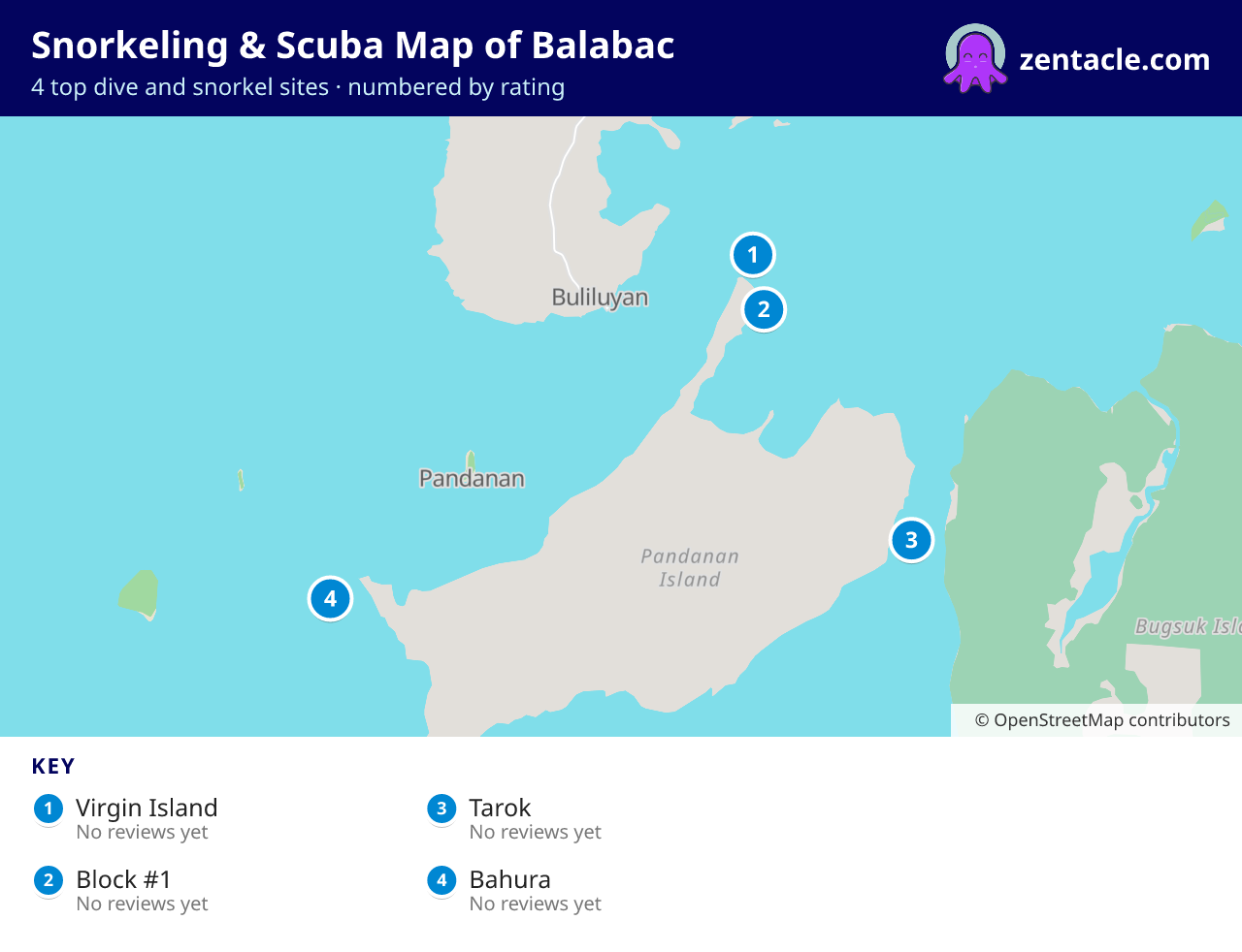 Snorkeling & Scuba Map of Balabac: numbered map of the top 4 dive and snorkel sites, with ratings