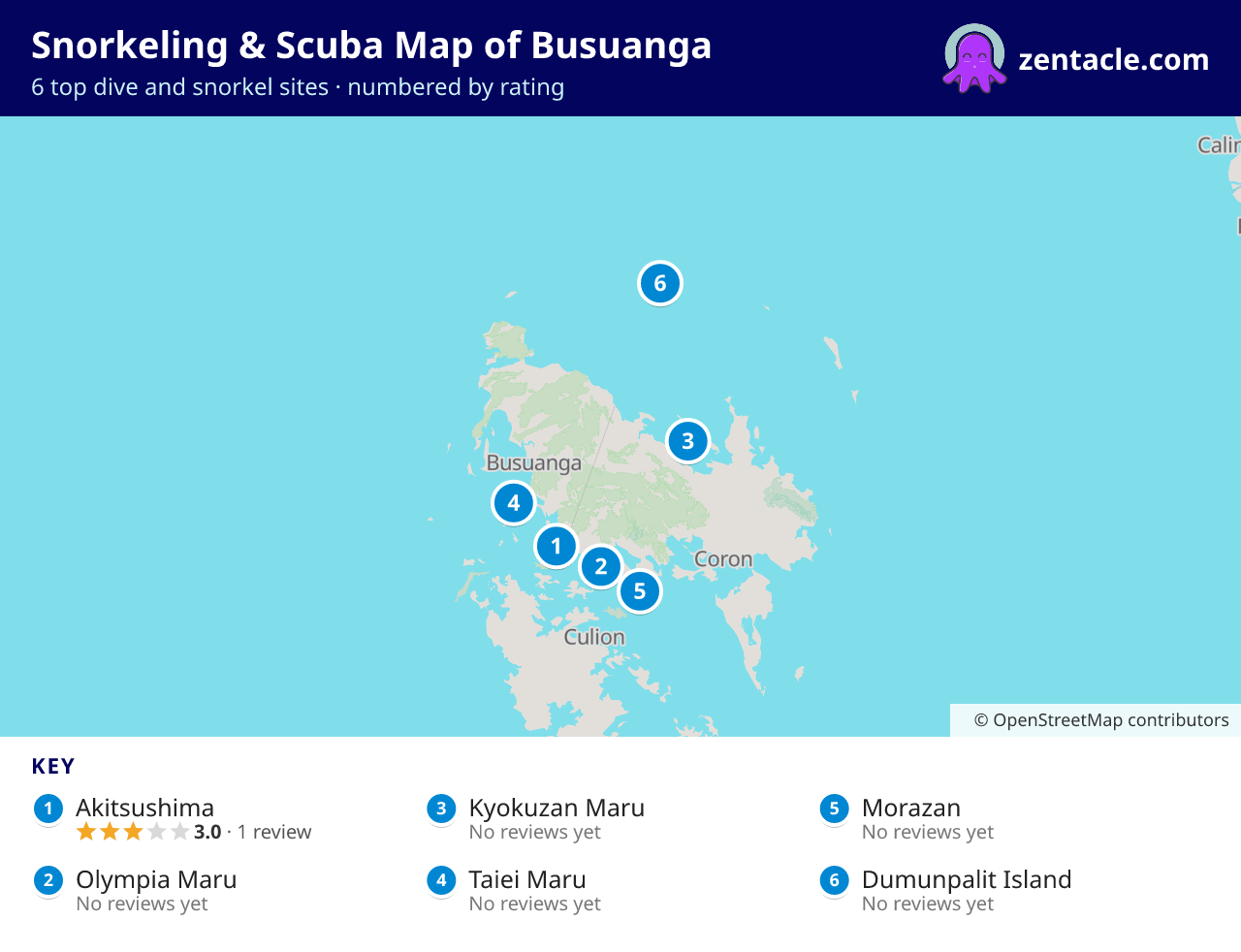 Snorkeling & Scuba Map of Busuanga: numbered map of the top 6 dive and snorkel sites, with ratings