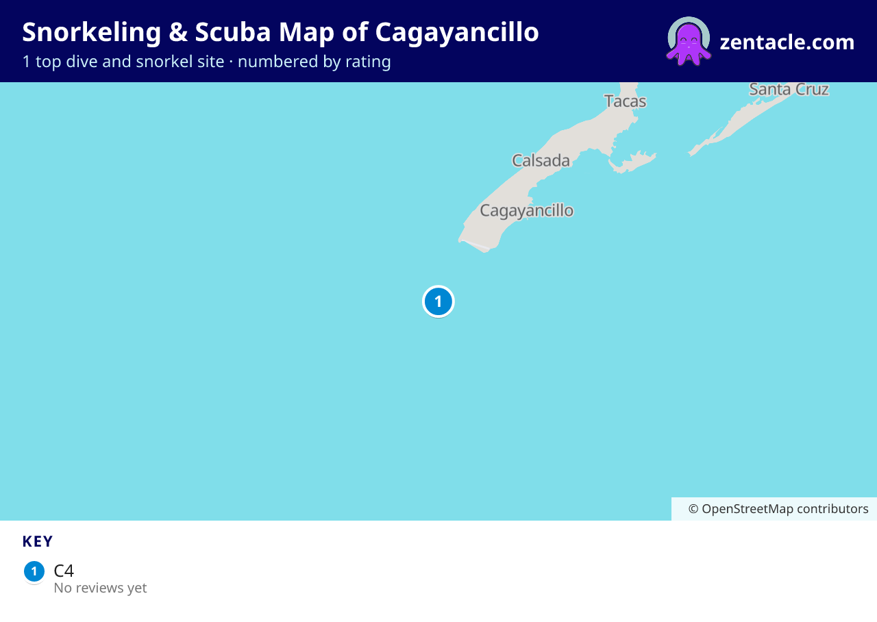 Snorkeling & Scuba Map of Cagayancillo: numbered map of the top 1 dive and snorkel sites, with ratings