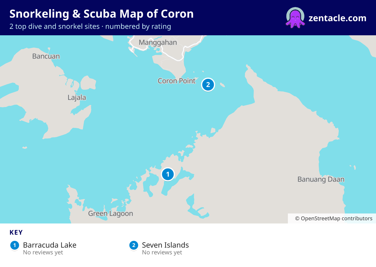 Snorkeling & Scuba Map of Coron: numbered map of the top 2 dive and snorkel sites, with ratings