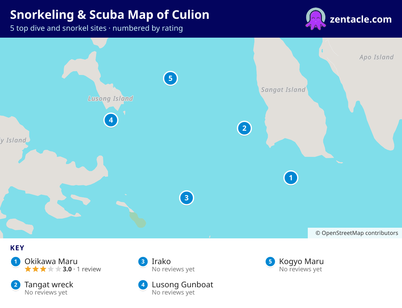 Snorkeling & Scuba Map of Culion: numbered map of the top 5 dive and snorkel sites, with ratings
