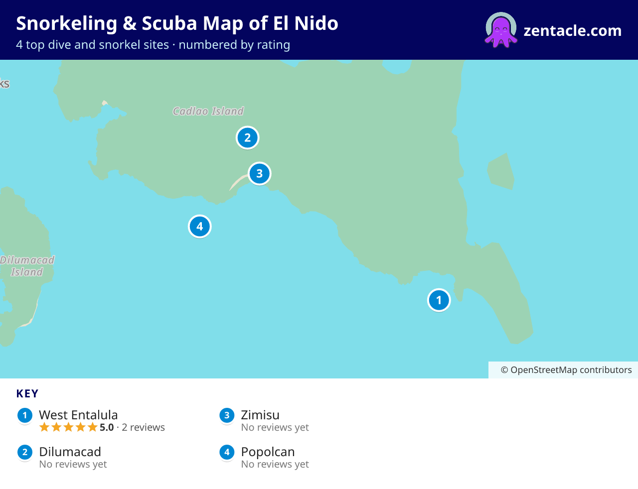 Snorkeling & Scuba Map of El Nido: numbered map of the top 4 dive and snorkel sites, with ratings