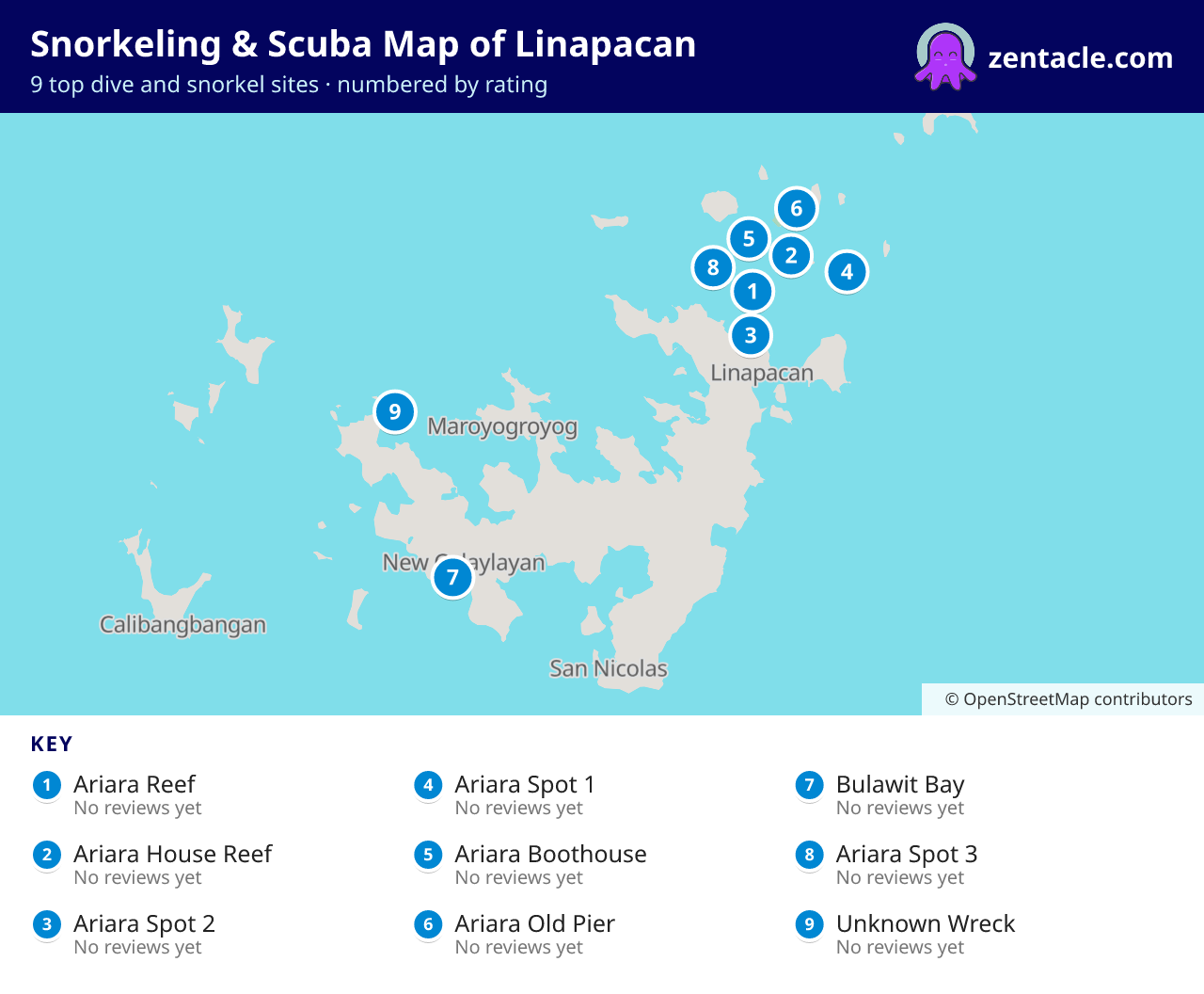 Snorkeling & Scuba Map of Linapacan: numbered map of the top 9 dive and snorkel sites, with ratings