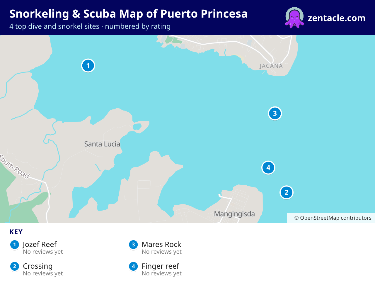 Snorkeling & Scuba Map of Puerto Princesa: numbered map of the top 4 dive and snorkel sites, with ratings