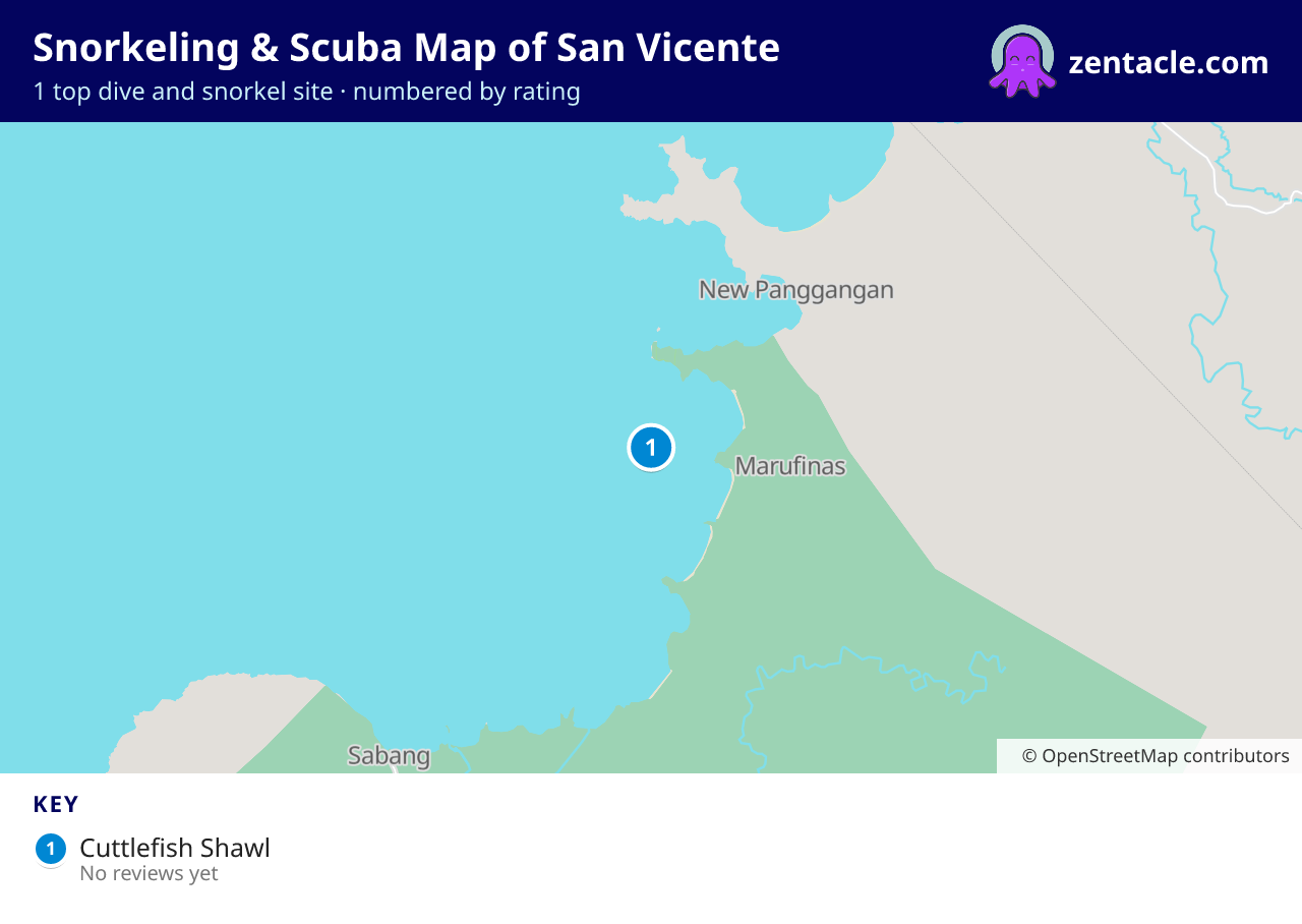 Snorkeling & Scuba Map of San Vicente: numbered map of the top 1 dive and snorkel sites, with ratings