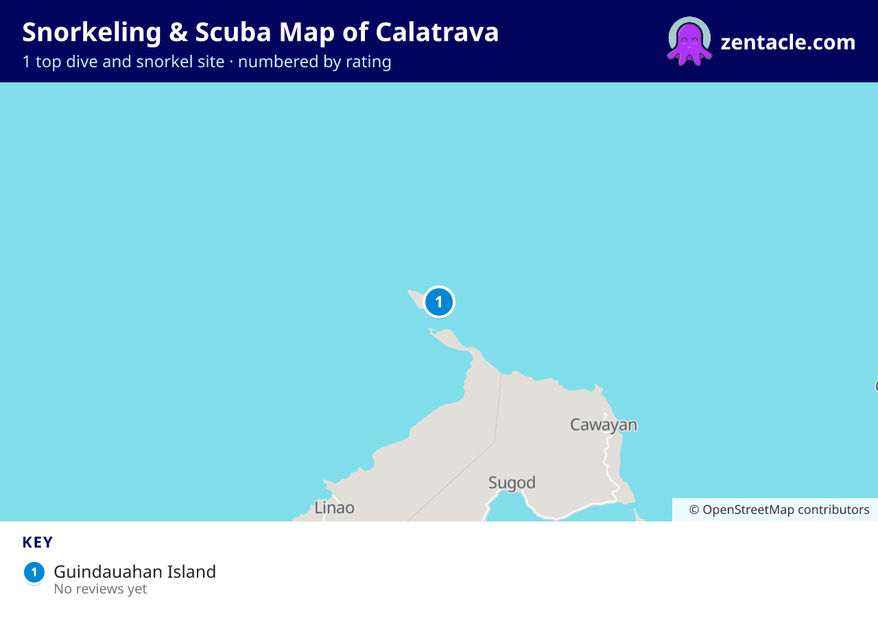 Snorkeling & Scuba Map of Calatrava: numbered map of the top 1 dive and snorkel sites, with ratings