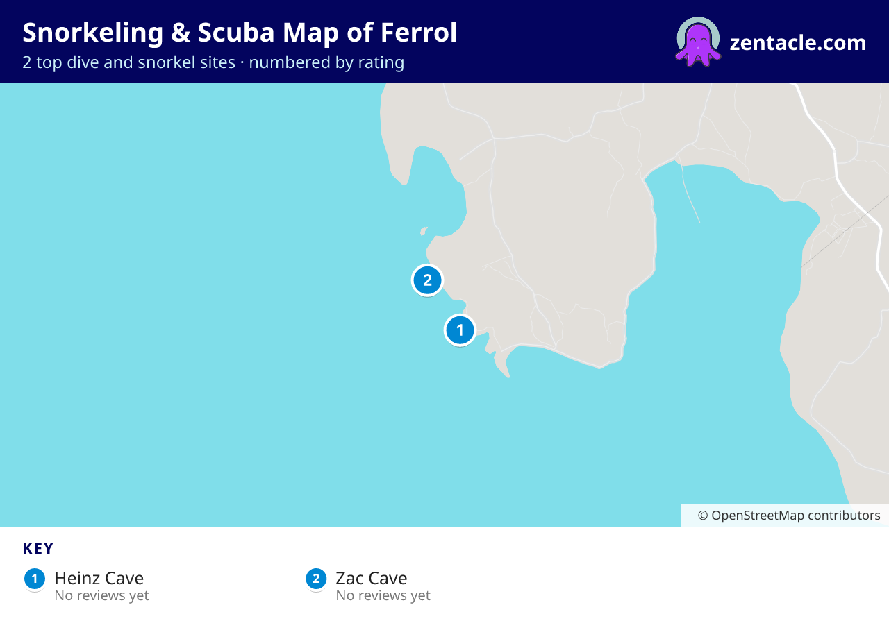 Snorkeling & Scuba Map of Ferrol: numbered map of the top 2 dive and snorkel sites, with ratings