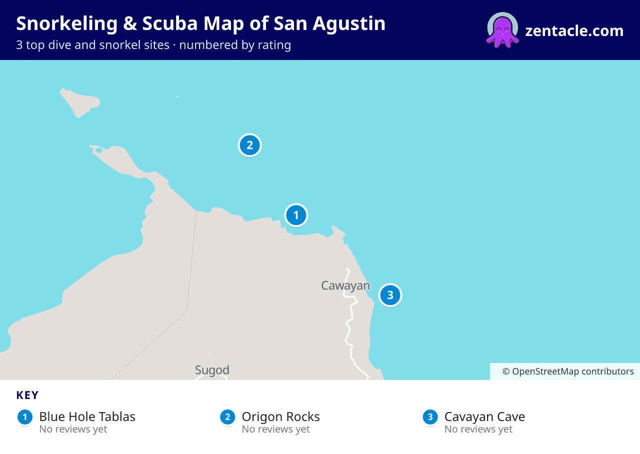 Snorkeling & Scuba Map of San Agustin: numbered map of the top 3 dive and snorkel sites, with ratings