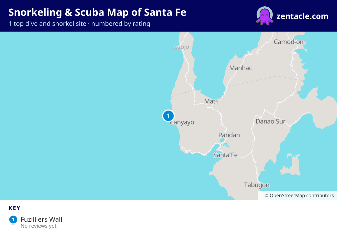 Snorkeling & Scuba Map of Santa Fe: numbered map of the top 1 dive and snorkel sites, with ratings
