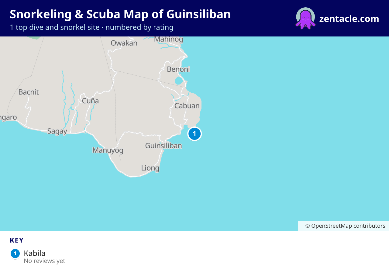 Snorkeling & Scuba Map of Guinsiliban: numbered map of the top 1 dive and snorkel sites, with ratings