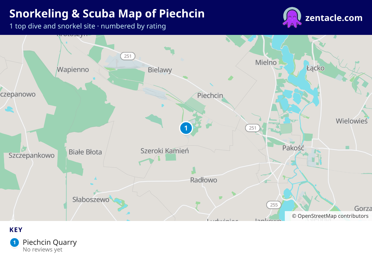Snorkeling & Scuba Map of Piechcin: numbered map of the top 1 dive and snorkel sites, with ratings