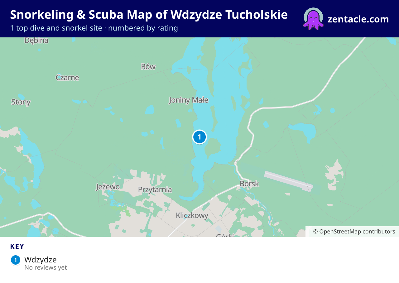 Snorkeling & Scuba Map of Wdzydze Tucholskie: numbered map of the top 1 dive and snorkel sites, with ratings