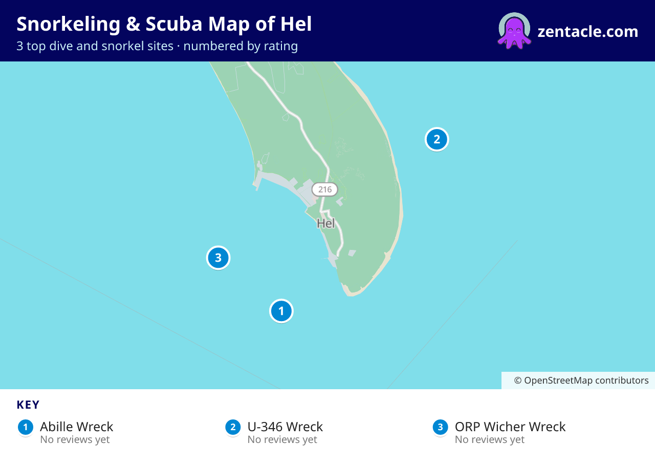 Snorkeling & Scuba Map of Hel: numbered map of the top 3 dive and snorkel sites, with ratings