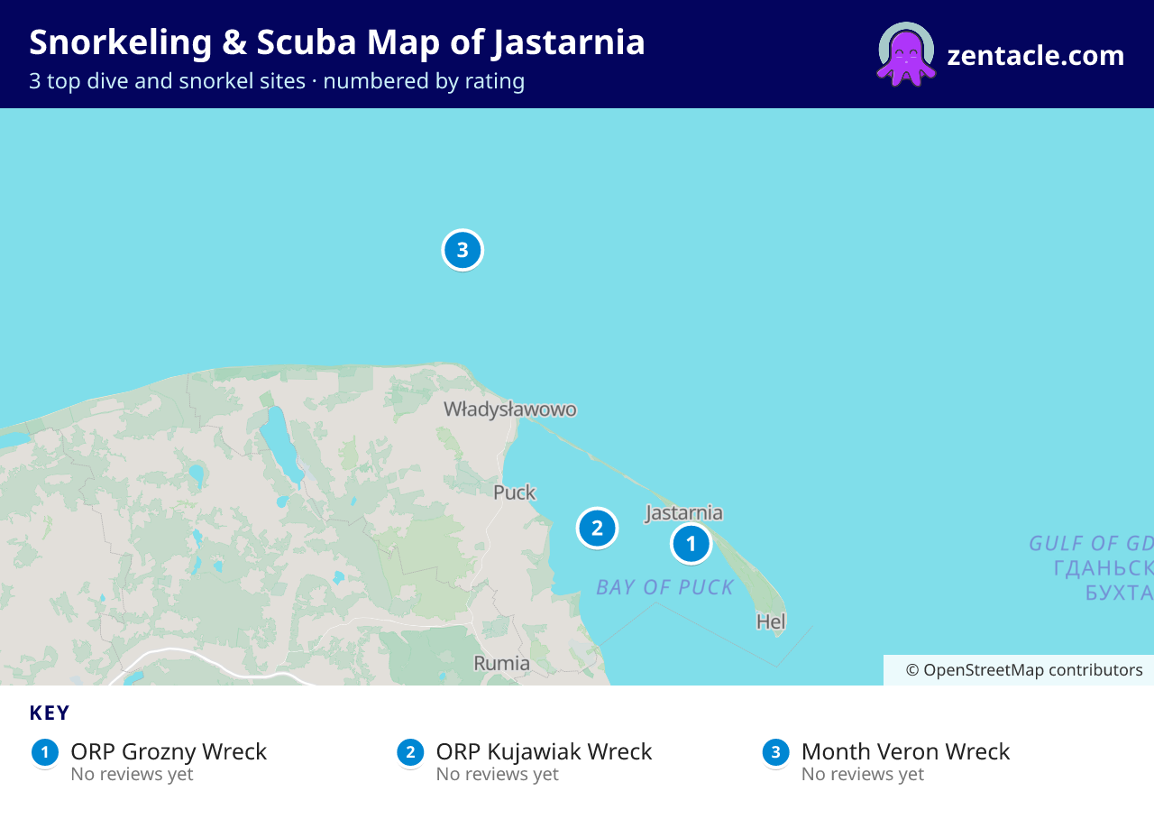 Snorkeling & Scuba Map of Jastarnia: numbered map of the top 3 dive and snorkel sites, with ratings