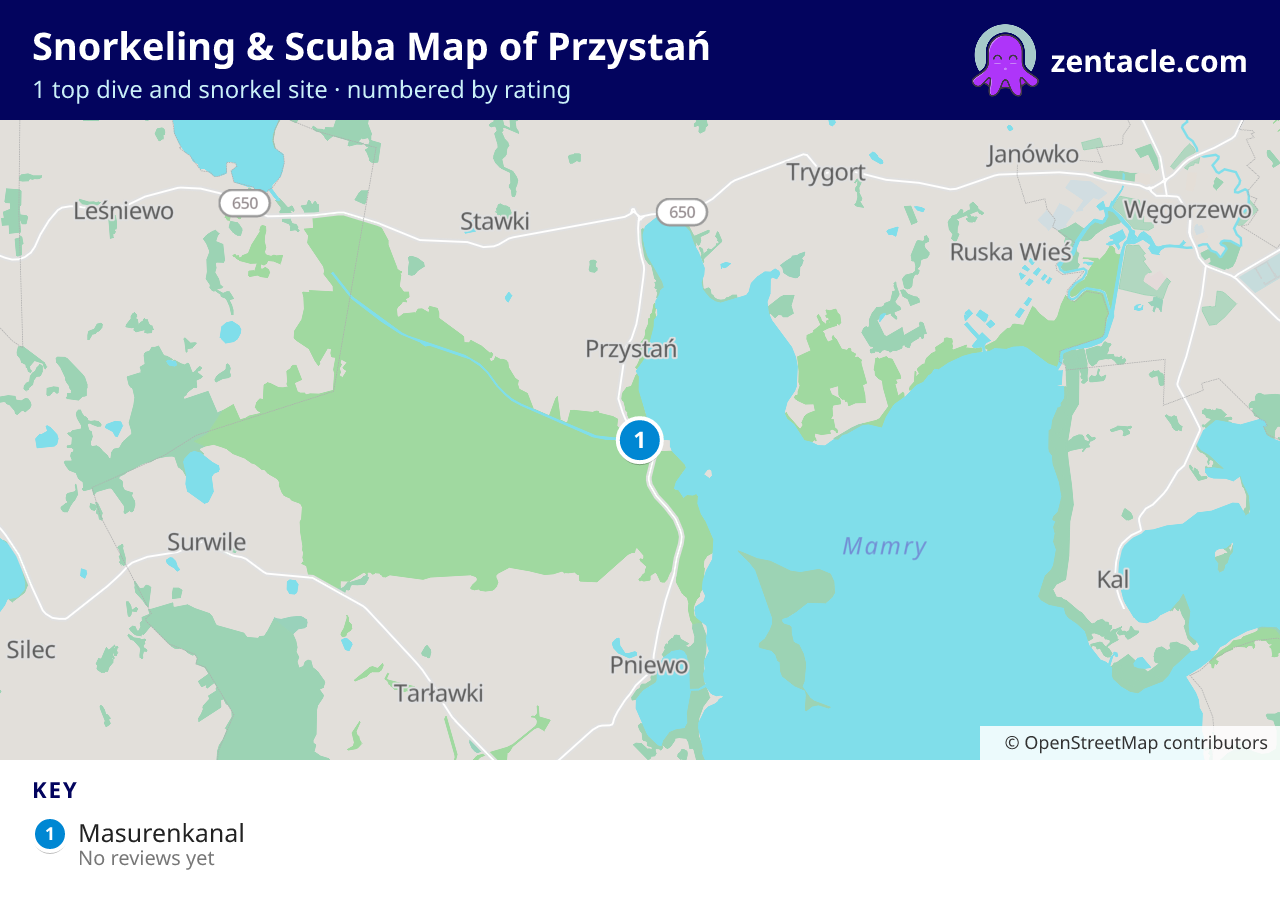 Snorkeling & Scuba Map of Przystań: numbered map of the top 1 dive and snorkel sites, with ratings