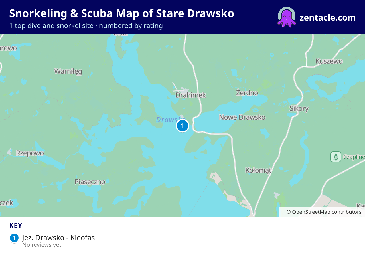 Snorkeling & Scuba Map of Stare Drawsko: numbered map of the top 1 dive and snorkel sites, with ratings